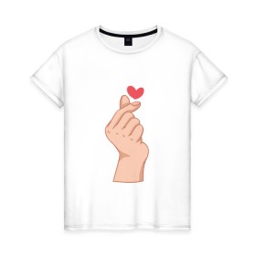 Женская футболка хлопок с принтом Корейское сердечко , 100% хлопок | прямой крой, круглый вырез горловины, длина до линии бедер, слегка спущенное плечо | Тематика изображения на принте: жест | жесты | корейское сердечко | корейцы | люблю | люблю тебя | любовь | популярное | сердечко | сердце | симпатия | я люблю