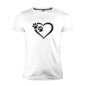 Мужская футболка премиум с принтом СЕРДЕЧКО , 92% хлопок, 8% лайкра | приталенный силуэт, круглый вырез ворота, длина до линии бедра, короткий рукав | Тематика изображения на принте: animals | cat | dog | footprints | heart | love | paws | prints | romance | valentines day | wolf | амур | валентинка | влюбленные | волк | день святого валентина | животные | кот | лапы | любовь | отпечатки | романтика | сердечко | сердце