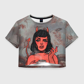 Женская футболка Crop-top 3D с принтом КОФЕЕК , 100% полиэстер | круглая горловина, длина футболки до линии талии, рукава с отворотами | coffee | demon | girl | демон | дьявол | кофе | суккуба