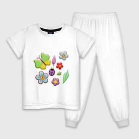 Детская пижама хлопок с принтом Вышивка , 100% хлопок |  брюки и футболка прямого кроя, без карманов, на брюках мягкая резинка на поясе и по низу штанин
 | бабочки | вышивка | зонтик | лист | насекомые | сшитые | цветы