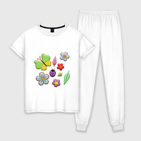 Женская пижама хлопок с принтом Вышивка , 100% хлопок | брюки и футболка прямого кроя, без карманов, на брюках мягкая резинка на поясе и по низу штанин | бабочки | вышивка | зонтик | лист | насекомые | сшитые | цветы