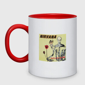 Кружка двухцветная с принтом NIRVANA , керамика | объем — 330 мл, диаметр — 80 мм. Цветная ручка и кайма сверху, в некоторых цветах — вся внутренняя часть | in utero | nevermind | nirvana | nirvana in utero | nirvana logo | smile | курт кобейн | нирвана | нирвана in utero | нирвана лого