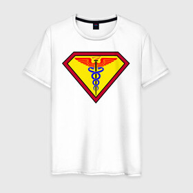 Мужская футболка хлопок с принтом Доктор - Супермен , 100% хлопок | прямой крой, круглый вырез горловины, длина до линии бедер, слегка спущенное плечо. | белые халаты | вирус | вирусолог | врач | змея | инфекционист | мед | медик | медицина символ | медсестра | подарок | символика | супер
