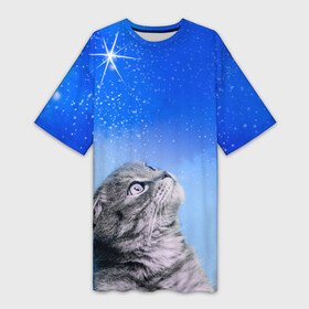 Платье-футболка 3D с принтом Кот и космос ,  |  | Тематика изображения на принте: cat | cat and space | kitty | в космосе | звездное небо | звёзды | космический кот | кот | кот в космосе | кот и звезды | кот смотрит | кот смотрит на небо | котенок | котик | кошка