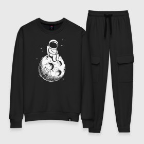 Женский костюм хлопок с принтом Космонавт на луне , 100% хлопок | на свитшоте круглая горловина, мягкая резинка по низу. Брюки заужены к низу, на них два вида карманов: два 