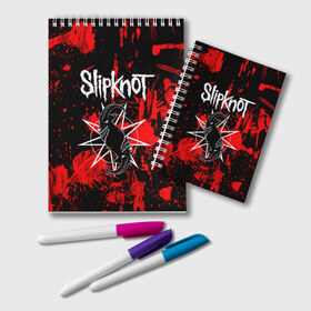 Блокнот с принтом Slipknot , 100% бумага | 48 листов, плотность листов — 60 г/м2, плотность картонной обложки — 250 г/м2. Листы скреплены удобной пружинной спиралью. Цвет линий — светло-серый
 | Тематика изображения на принте: animal | blood | metal | rock | slipknot | абстракция | брызги | геометрия | группа | животные | знак | кровь | логотип | маски | метал | петля | пятна | рога | рок | символ | слипкнот