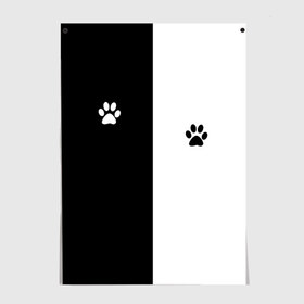 Постер с принтом Кошачьи следы , 100% бумага
 | бумага, плотность 150 мг. Матовая, но за счет высокого коэффициента гладкости имеет небольшой блеск и дает на свету блики, но в отличии от глянцевой бумаги не покрыта лаком | Тематика изображения на принте: black and white | cat | животные | кот | кошачий след | кошка | половина | черно белый | чёрный и белый