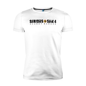 Мужская футболка премиум с принтом Serious Sam 4 , 92% хлопок, 8% лайкра | приталенный силуэт, круглый вырез ворота, длина до линии бедра, короткий рукав | croteam | devolver | digital | games | planet | sam | serious | игры | крутой | планета | сэм