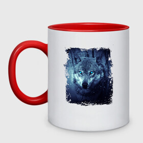 Кружка двухцветная с принтом Волк , керамика | объем — 330 мл, диаметр — 80 мм. Цветная ручка и кайма сверху, в некоторых цветах — вся внутренняя часть | wolf | волк | волк в лесу | волк с голубыми глазами | лесной волк | ночной волк | синий волк | собака | темный волк
