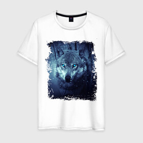 Мужская футболка хлопок с принтом Волк , 100% хлопок | прямой крой, круглый вырез горловины, длина до линии бедер, слегка спущенное плечо. | wolf | волк | волк в лесу | волк с голубыми глазами | лесной волк | ночной волк | синий волк | собака | темный волк