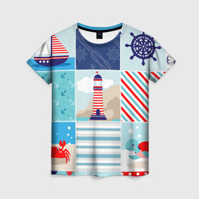 Женская футболка 3D с принтом Моряк  , 100% полиэфир ( синтетическое хлопкоподобное полотно) | прямой крой, круглый вырез горловины, длина до линии бедер | вода | краб | маяк | море | моряк | океан | парус | полосы | черепаха | штурвал | яхта