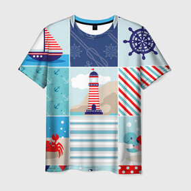 Мужская футболка 3D с принтом Моряк  , 100% полиэфир | прямой крой, круглый вырез горловины, длина до линии бедер | вода | краб | маяк | море | моряк | океан | парус | полосы | черепаха | штурвал | яхта