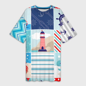 Платье-футболка 3D с принтом Моряк ,  |  | вода | краб | маяк | море | моряк | океан | парус | полосы | черепаха | штурвал | яхта