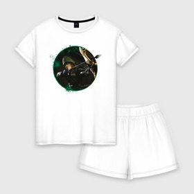 Женская пижама с шортиками хлопок с принтом Green Arrow , 100% хлопок | футболка прямого кроя, шорты свободные с широкой мягкой резинкой | arrow | oliver queen | vdzabma | оливер куинн | стрела