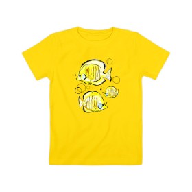 Детская футболка хлопок с принтом Рыбы-бабочки , 100% хлопок | круглый вырез горловины, полуприлегающий силуэт, длина до линии бедер | аквариумные | бабочки | дизайн | желтый | модная | морская | обитатели | оригинальный | подводное | принт | рыба | рыбы | скетч | стильная | яркая