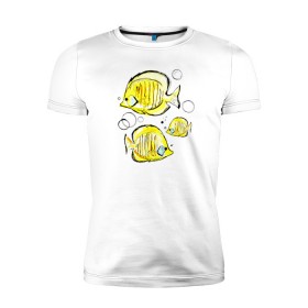 Мужская футболка премиум с принтом Рыбы-бабочки , 92% хлопок, 8% лайкра | приталенный силуэт, круглый вырез ворота, длина до линии бедра, короткий рукав | аквариумные | бабочки | дизайн | желтый | модная | морская | обитатели | оригинальный | подводное | принт | рыба | рыбы | скетч | стильная | яркая