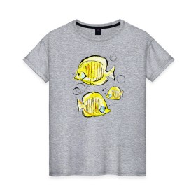 Женская футболка хлопок с принтом Рыбы-бабочки , 100% хлопок | прямой крой, круглый вырез горловины, длина до линии бедер, слегка спущенное плечо | аквариумные | бабочки | дизайн | желтый | модная | морская | обитатели | оригинальный | подводное | принт | рыба | рыбы | скетч | стильная | яркая