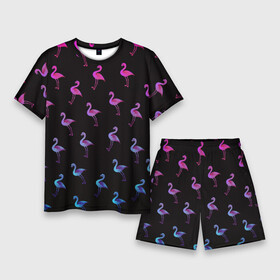 Мужской костюм с шортами 3D с принтом Фламинго ,  |  | крылья | лапы | пернатый | перо | перья | птица | птицы | птичка | розовый | розовый фламинго | фламинго | черный