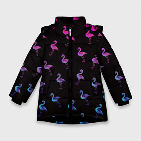 Зимняя куртка для девочек 3D с принтом Фламинго , ткань верха — 100% полиэстер; подклад — 100% полиэстер, утеплитель — 100% полиэстер. | длина ниже бедра, удлиненная спинка, воротник стойка и отстегивающийся капюшон. Есть боковые карманы с листочкой на кнопках, утяжки по низу изделия и внутренний карман на молнии. 

Предусмотрены светоотражающий принт на спинке, радужный светоотражающий элемент на пуллере молнии и на резинке для утяжки. | крылья | лапы | пернатый | перо | перья | птица | птицы | птичка | розовый | розовый фламинго | фламинго | черный