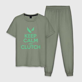 Мужская пижама хлопок с принтом KEEP CALM CLUTCH , 100% хлопок | брюки и футболка прямого кроя, без карманов, на брюках мягкая резинка на поясе и по низу штанин
 | breach | cs go | cypher | jett | league of legends | legends of runeterra | lol | omen | overwatch | phoenix | riot | riot games | sage | sona | sova | valorant | viper | валорант | кс го | лига легенд | лол