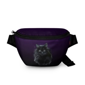 Поясная сумка 3D с принтом черный кот на фиолетовом фоне , 100% полиэстер | плотная ткань, ремень с регулируемой длиной, внутри несколько карманов для мелочей, основное отделение и карман с обратной стороны сумки застегиваются на молнию | акварель | глаза | клево | котейка | котенок | котик | котэ | кошак | кошка | красиво | любителю кошек | модно | мяу | подарок | пушистый | рисунок | стильно | темный | черный кот | шерсть