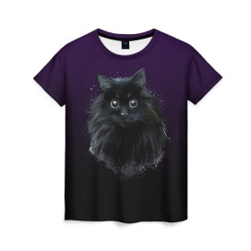 Женская футболка 3D с принтом черный кот на фиолетовом фоне , 100% полиэфир ( синтетическое хлопкоподобное полотно) | прямой крой, круглый вырез горловины, длина до линии бедер | акварель | глаза | клево | котейка | котенок | котик | котэ | кошак | кошка | красиво | любителю кошек | модно | мяу | подарок | пушистый | рисунок | стильно | темный | черный кот | шерсть