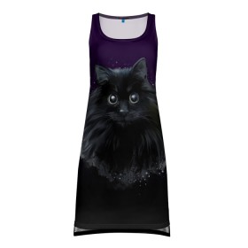 Платье-майка 3D с принтом черный кот на фиолетовом фоне , 100% полиэстер | полуприлегающий силуэт, широкие бретели, круглый вырез горловины, удлиненный подол сзади. | акварель | глаза | клево | котейка | котенок | котик | котэ | кошак | кошка | красиво | любителю кошек | модно | мяу | подарок | пушистый | рисунок | стильно | темный | черный кот | шерсть