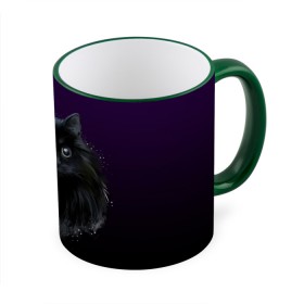 Кружка с принтом черный кот на фиолетовом фоне , керамика | ёмкость 330 мл | акварель | глаза | клево | котейка | котенок | котик | котэ | кошак | кошка | красиво | любителю кошек | модно | мяу | подарок | пушистый | рисунок | стильно | темный | черный кот | шерсть
