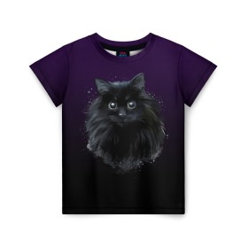 Детская футболка 3D с принтом черный кот на фиолетовом фоне , 100% гипоаллергенный полиэфир | прямой крой, круглый вырез горловины, длина до линии бедер, чуть спущенное плечо, ткань немного тянется | акварель | глаза | клево | котейка | котенок | котик | котэ | кошак | кошка | красиво | любителю кошек | модно | мяу | подарок | пушистый | рисунок | стильно | темный | черный кот | шерсть