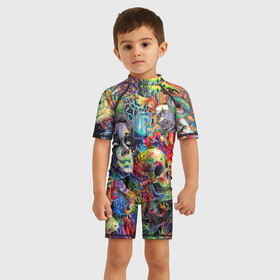 Детский купальный костюм 3D с принтом Психоделическое искусство , Полиэстер 85%, Спандекс 15% | застежка на молнии на спине | Тематика изображения на принте: девушка | иллюстрация | краски | цветная | череп