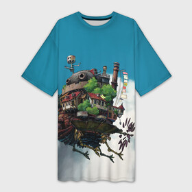 Платье-футболка 3D с принтом Ходячий замок в облаках ,  |  | Тематика изображения на принте: ведьма пустоши | кальцифер | маркл | пугало | пугало репка | софи | софи хаттер | хаул | хаул пендрагон | ходячий замок | ходячий замок хаула