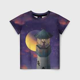 Детская футболка 3D с принтом To the Moon 3D , 100% гипоаллергенный полиэфир | прямой крой, круглый вырез горловины, длина до линии бедер, чуть спущенное плечо, ткань немного тянется | lighthouse | moon | night | pair | silhouettes | stars | to the moon | звёзды | луна | маяк | ночь | пара | силуэты