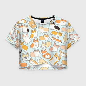 Женская футболка Crop-top 3D с принтом Милые корги , 100% полиэстер | круглая горловина, длина футболки до линии талии, рукава с отворотами | вельш корги | корги | милые корги | милые собаки