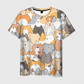 Мужская футболка 3D с принтом Кошачья стая , 100% полиэфир | прямой крой, круглый вырез горловины, длина до линии бедер | Тематика изображения на принте: кот | кошка. коты | кошки | кремовый | много животных | рыжий | серий | черный