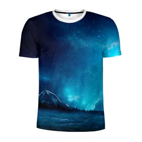 Мужская футболка 3D спортивная с принтом Ночное поле , 100% полиэстер с улучшенными характеристиками | приталенный силуэт, круглая горловина, широкие плечи, сужается к линии бедра | горы | звёздное небо | небо | ночь | облака | поле