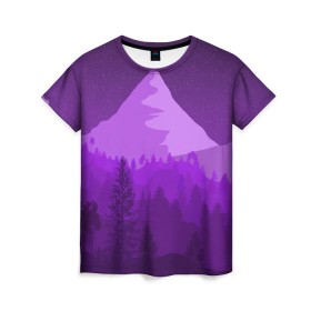 Женская футболка 3D с принтом Ночные горы , 100% полиэфир ( синтетическое хлопкоподобное полотно) | прямой крой, круглый вырез горловины, длина до линии бедер | горы | звёздное небо | звёзды | лес | небо | ночь | фиолетовый