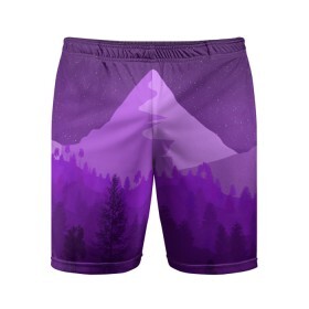 Мужские шорты спортивные с принтом Ночные горы ,  |  | горы | звёздное небо | звёзды | лес | небо | ночь | фиолетовый