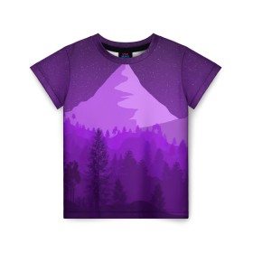 Детская футболка 3D с принтом Ночные горы , 100% гипоаллергенный полиэфир | прямой крой, круглый вырез горловины, длина до линии бедер, чуть спущенное плечо, ткань немного тянется | горы | звёздное небо | звёзды | лес | небо | ночь | фиолетовый