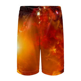 Детские спортивные шорты 3D с принтом Солнечное облако ,  100% полиэстер
 | пояс оформлен широкой мягкой резинкой, ткань тянется
 | Тематика изображения на принте: звёзды | космос | огонь | оранжевый | супер новая | туманность