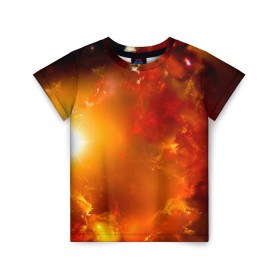 Детская футболка 3D с принтом Солнечное облако , 100% гипоаллергенный полиэфир | прямой крой, круглый вырез горловины, длина до линии бедер, чуть спущенное плечо, ткань немного тянется | Тематика изображения на принте: звёзды | космос | огонь | оранжевый | супер новая | туманность