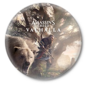 Значок с принтом Assassin’s Creed Valhalla ,  металл | круглая форма, металлическая застежка в виде булавки | Тематика изображения на принте: action | creed | eivor | rpg | ubisoft | valhalla | viking | vikings | англия | ассасин | ассасина | вальгалла | викинг | викинги | кредо | эйвор
