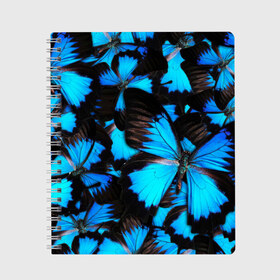 Тетрадь с принтом Рой бабочек , 100% бумага | 48 листов, плотность листов — 60 г/м2, плотность картонной обложки — 250 г/м2. Листы скреплены сбоку удобной пружинной спиралью. Уголки страниц и обложки скругленные. Цвет линий — светло-серый
 | бабочки | рой | синий | черный