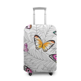 Чехол для чемодана 3D с принтом Яркий рой , 86% полиэфир, 14% спандекс | двустороннее нанесение принта, прорези для ручек и колес | бабочки | белый | желтый | оранжевый | прозрачный | розовый | фиолетовый | чёрный