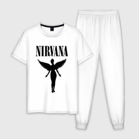 Мужская пижама хлопок с принтом NIRVANA , 100% хлопок | брюки и футболка прямого кроя, без карманов, на брюках мягкая резинка на поясе и по низу штанин
 | Тематика изображения на принте: nirvana | nirvana smells | nirvana smells like | teen spirit | курт кобейн | нирвана | нирвана песни.