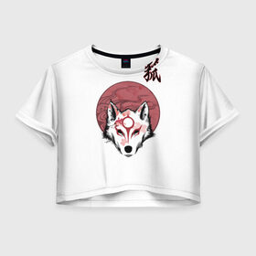Женская футболка Crop-top 3D с принтом Японский лис с сакурой , 100% полиэстер | круглая горловина, длина футболки до линии талии, рукава с отворотами | демон | иероглиф | кандзи | кицуне | лис | сакура | стиль | япония