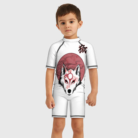 Детский купальный костюм 3D с принтом Японский лис с сакурой , Полиэстер 85%, Спандекс 15% | застежка на молнии на спине | демон | иероглиф | кандзи | кицуне | лис | сакура | стиль | япония