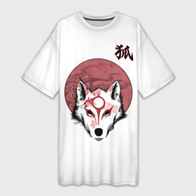 Платье-футболка 3D с принтом Японский лис с сакурой ,  |  | демон | иероглиф | кандзи | кицуне | лис | сакура | стиль | япония