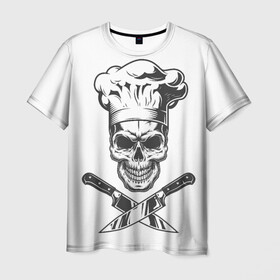 Мужская футболка 3D с принтом Череп повар  , 100% полиэфир | прямой крой, круглый вырез горловины, длина до линии бедер | Тематика изображения на принте: глаза | кухня | ножи | повар | ресторан | череп | черный | шеф