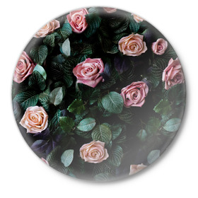 Значок с принтом PINK ROSES ,  металл | круглая форма, металлическая застежка в виде булавки | листья | растения | розовые | розы | цветы
