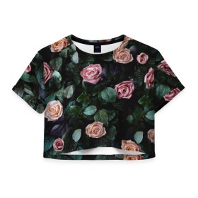 Женская футболка Crop-top 3D с принтом PINK ROSES , 100% полиэстер | круглая горловина, длина футболки до линии талии, рукава с отворотами | листья | растения | розовые | розы | цветы